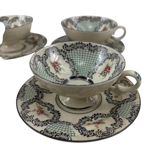 Vintage Empire Ware Tea Cups & Saucers Set of 4 Floral Black Lattice England - Picture 4 of 9